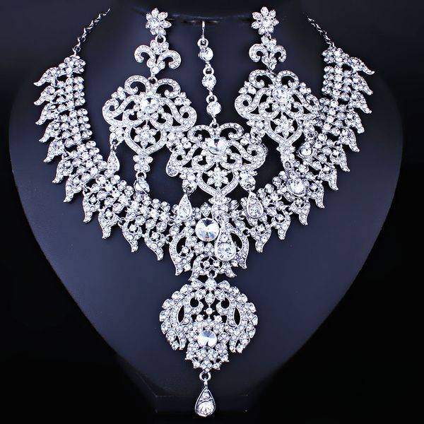 

farlena jewelry full crystal rhinestone necklace earrings and frontal chain for bride indian wedding jewelry sets, Silver