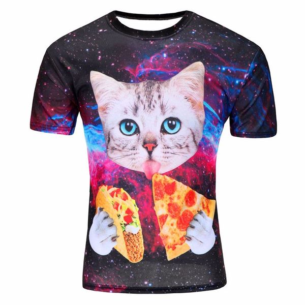 

2018 new galaxy space 3d t shirt lovely kitten cat eat pizza funny tee short sleeve summer shirts for men dropship, White;black