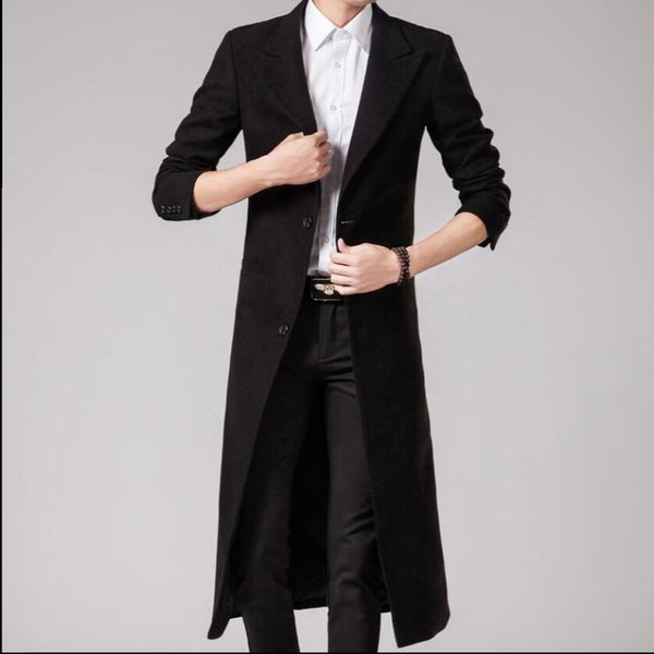 

s-4xl winter woolen long british men's thick windbreaker jacket handsome super long knees slim korean version of the woolen coat, Black