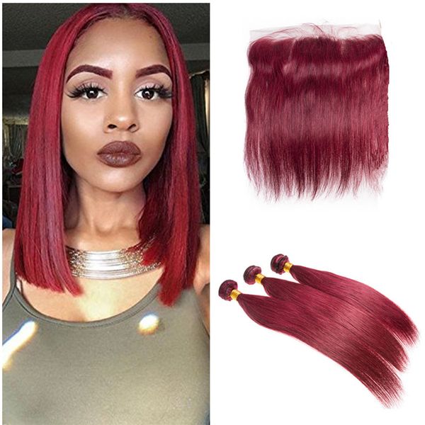 

Virgin malay ian human hair burgundy weave bundle with frontal clo ure traight 99j wine red human hair weave with 13x4 full lace frontal