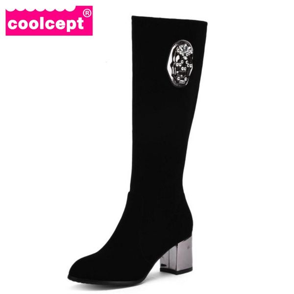 

coolcept size 31-43 women short boots winter fur round toe crystal zipper high heels boots concise fashion shoes women footwear, Black