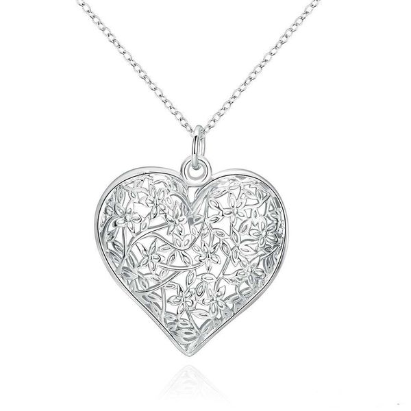 Moda fosco padrão de flor pingente simples oco em forma de coração pingente de 925 cadeias de jóias de prata esterlina para mulheres homens medalhão colares