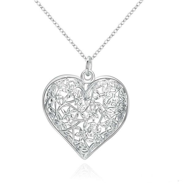 Ciondolo modello fiore smerigliato moda Ciondolo semplice a forma di cuore vuoto Catene gioielli in argento sterling 925 per collane medaglione uomo donna