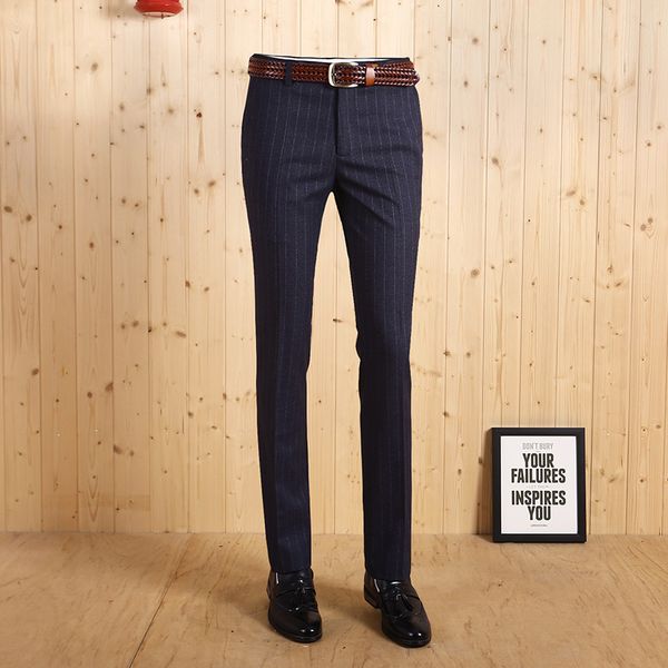 

high quality 2017 men new arrival autumn winter warm deep blue stripe retro fashion young man wedding groom business suits pants, White;black
