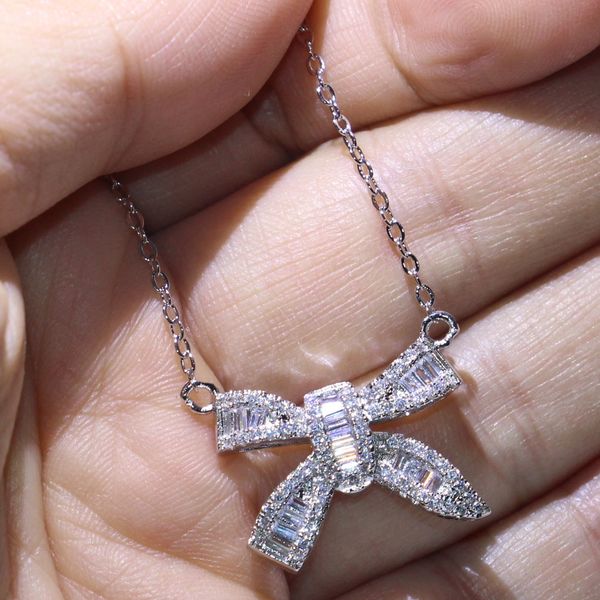 

new arrival original brand new infinity luxury jewelry 925 sterling silver princess cut white z diamond lucky chain bow pendant necklace