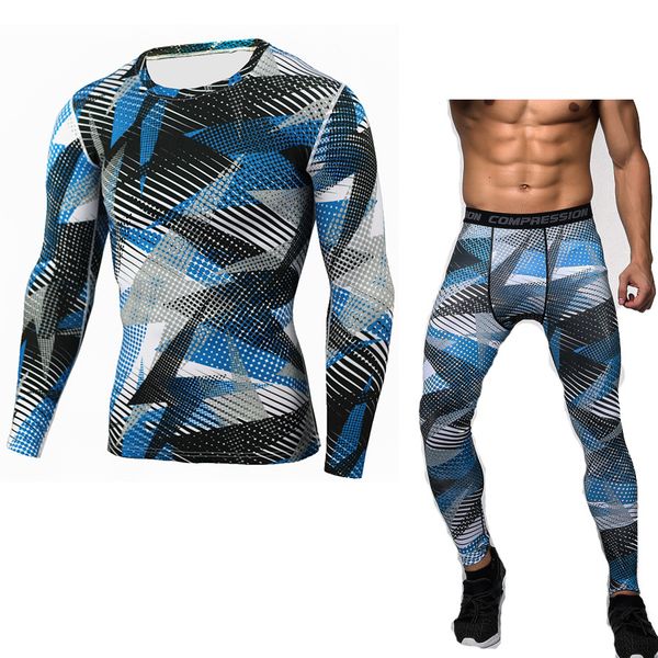 

new compression quick dry tight tracksuit men training fitness long sleeve t-shirt pants male o-neck gym running sport suit, Black;blue