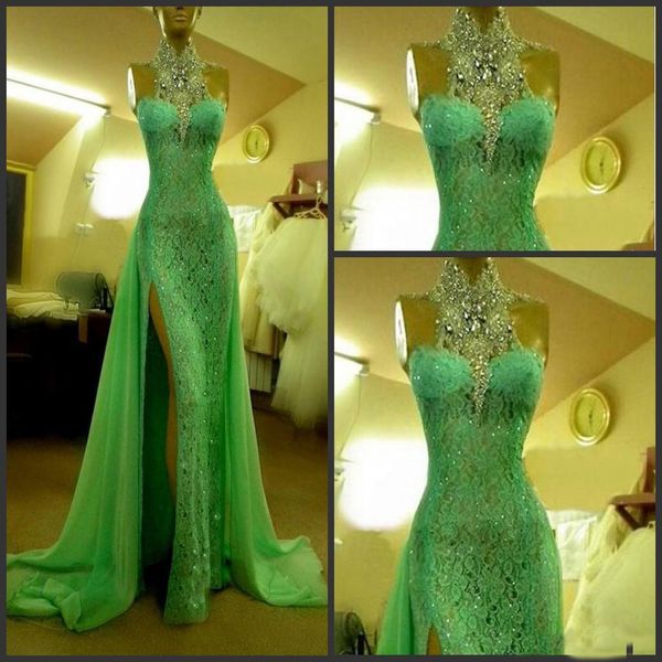 

Emerald Green Mermaid Evening Dresses High Neck Beads Crystal Celebrity Dress Vintage Lace Dresses Party Evening Gowns