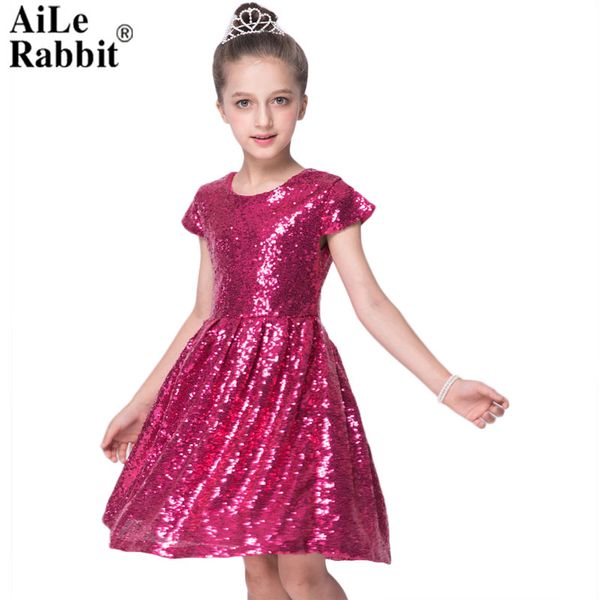 

aile rabbit ins fashion girls dress sequin short sleeve dress party dress shiny princess boutique clothing golden rose red, Red;yellow