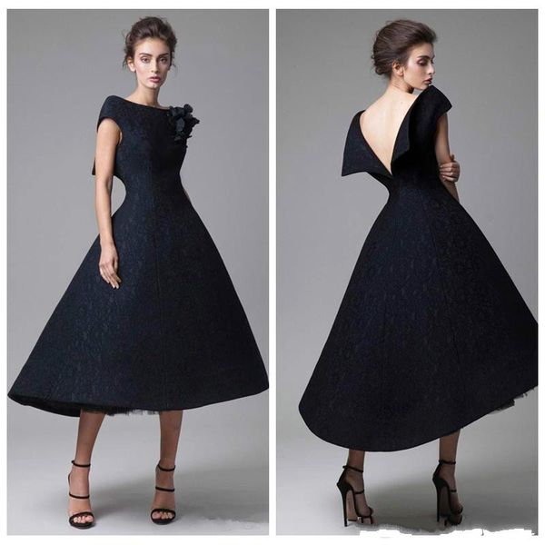 

Perfect Black Short Lace Prom Dresses Handmade Flower Backless Tea Length Pageant Formal Wear Party Evening Dresses Gowns Robe De Soiree