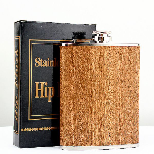 

creative 8 oz stainless steel hip flask wooden whiskey wine bottle retro alcohol pocket flagon with box for gifts
