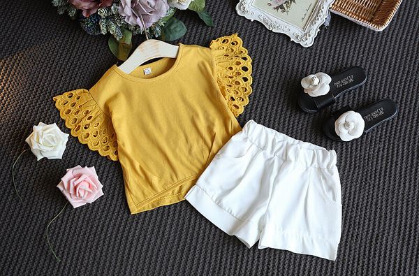 

wholesale kids designer clothes girls flying sleeves outfits hollow sleeves shorts 2pcs/set summer baby suit baby girl designer clothes, White