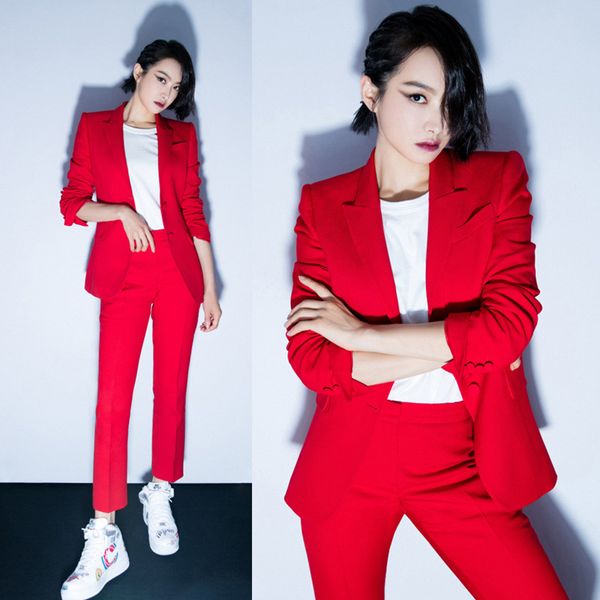 

suit female 2018 autumn temperament professional casual red suit jacket + nine pants elegant fashion two-piece women's clothing, White;black