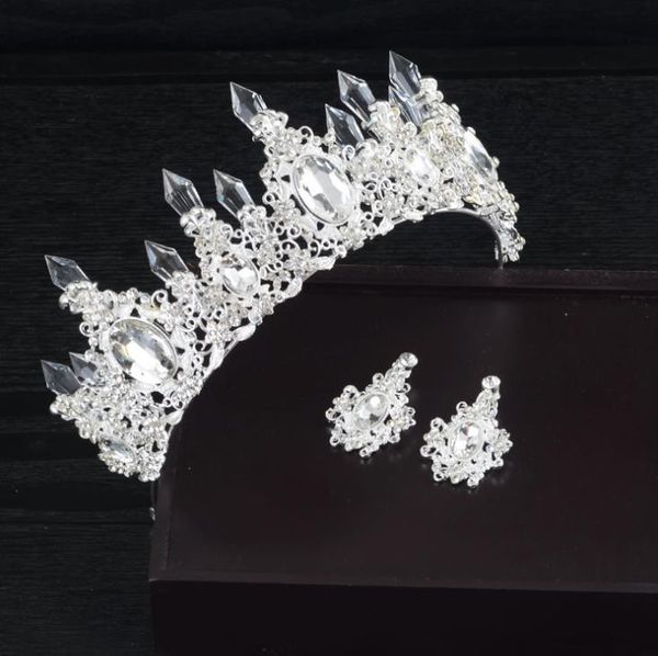 

crystal princess baroque vintage crown earrings set hair bridal hairpin korean crown p studio, Silver