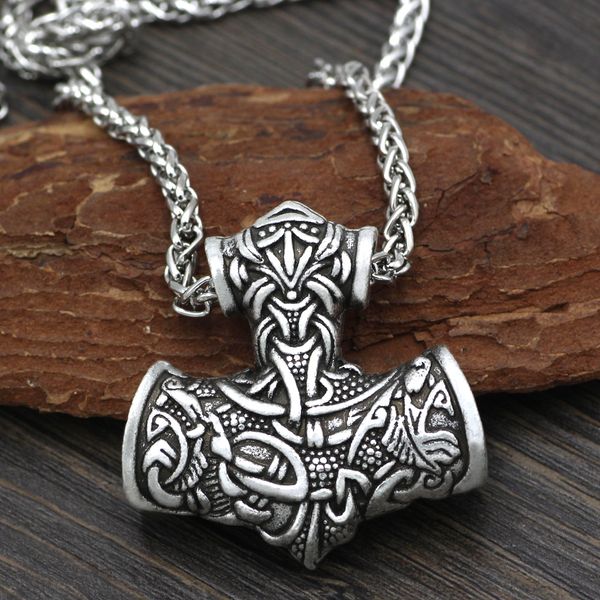 

men norse viking super l amulet large thor hammer mjolnir odin wolf amulet pendant necklace with gift bag, Silver