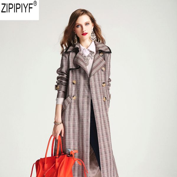 

2018 new arrival auutmn fashion turn down collar printing plaid long sleeve women double-breasted long slim trench coat c2275, Tan;black