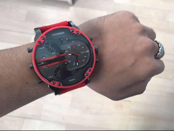 

sports mens watches double pointer big dial display 52mm brand luxury watch quartz watch steel band 7370 fashion wristwatches, Slivery;brown