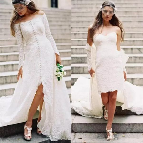 Acheter 2019 Deux Pièces Robes De Mariée En Dentelle Sweetheart Manches Longues Pleine Dentelle Devant Split Robes De Mariée Courte Avec Longue Veste