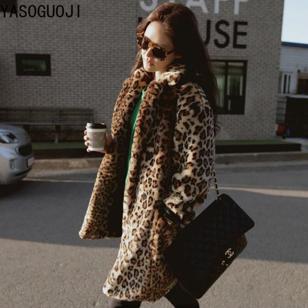 

yasuguoji 2018 new women fashion leopard fur coat medium length thick and warm winter coat women pocket faux long fur lpc6, Black