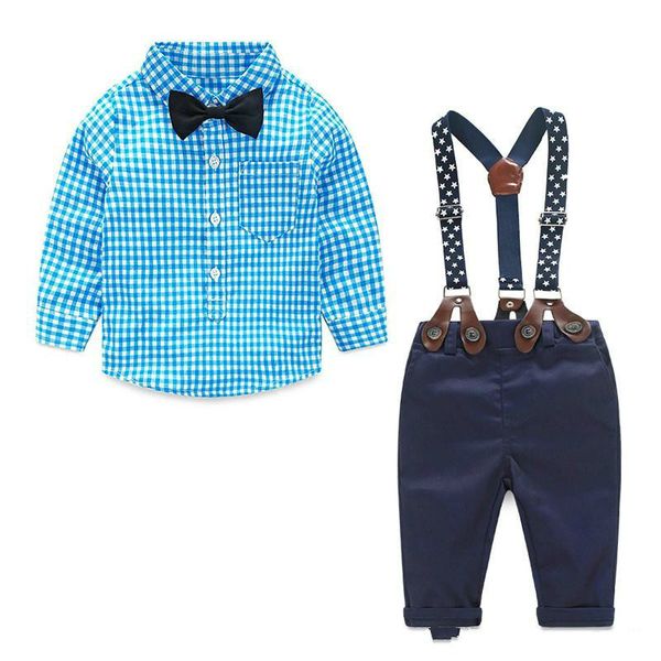 

baby boy clothes spring newborn baby sets infant kids clothing gentleman suit plaid shirt bow tie suspend trousers 2pcs suits, White