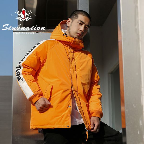 

stubnation 2018 winter warm pachwork hooded parkas male loose streetwear thicken padded overcoats, Black