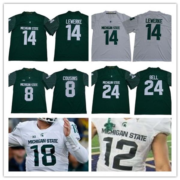 

Men 24 Le'Veon Bell 8 Kirk Cousins #14 Brian Lewerke Michigan State Spartans Football Jersey Whtie Green stitched Jersey