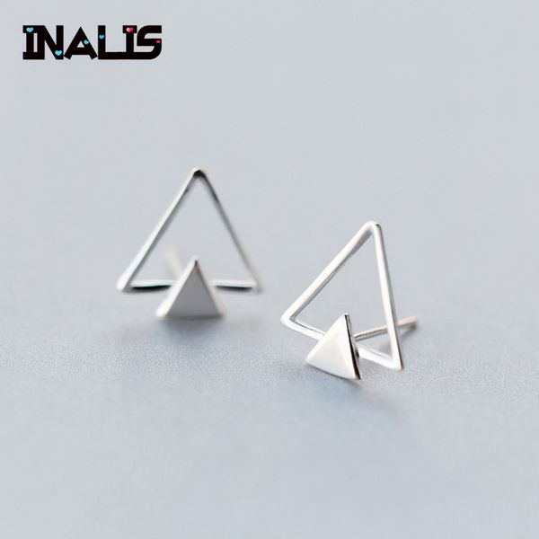 

inalis new simple design s925 sterling silver double triangle geometric stud earrings for women fine jewelry brincos bijoux, Golden;silver