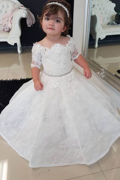 

lace kids crystal sash ball gown flower girl dresses half sleeve new handmade flowers toddler floor length wedding party fluffy fashion, White;blue