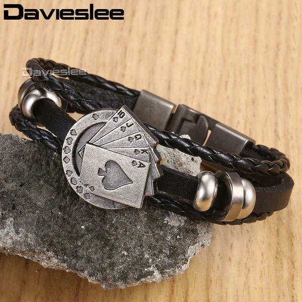 

davieslee mens leather bracelet pocker card charm multilayer braided bracelet for women pulseira masculina vintage jewelry lb681, Golden;silver