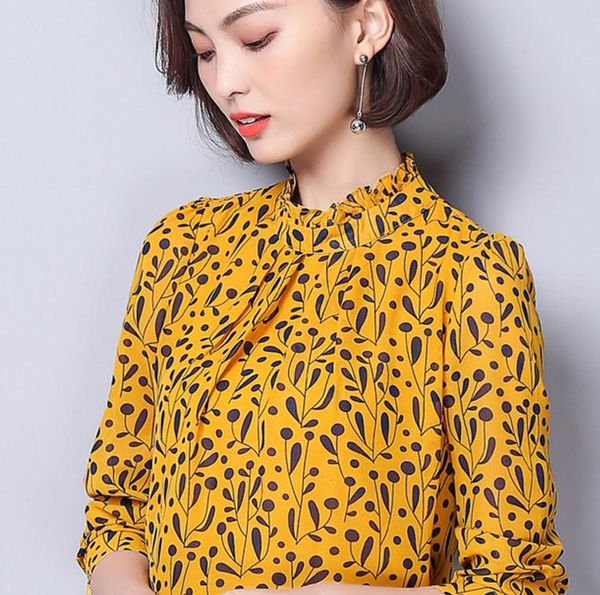 

2018 new style spring korean cultivate one's moral character tax stamp chiffon shirt long sleeved stand collar shirt, White