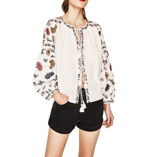 

womens white ethnic flower embroidery jacket 2017 lantern sleeve belt design kimono cardigan coat for women sunscreen femme, Black;brown