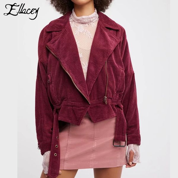 

ellacey new 2018 motorcycle bomber jacket batwing sleeve corduroy jacket women basic coats moto biker zipper fashion outerwear, Black;brown