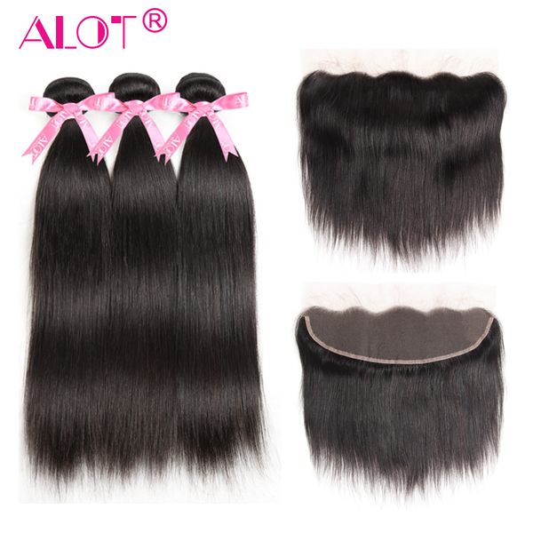 

alot hair 13x4 lace frontal closure with bundles brazilian straight hair with frontal ear to ear non remy human pre plucked, Black;brown
