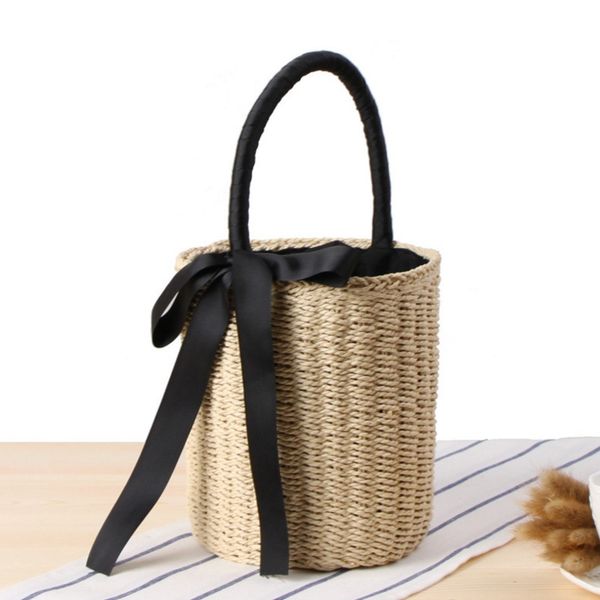 

women bohemian straw beach bag woven handbag tote handmade summer wicker basket bag rattan holiday travel ladies cylinder bucket