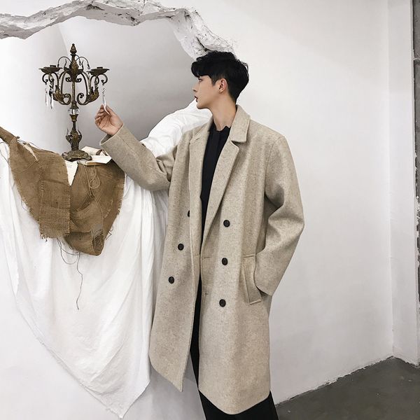 

fashion causal jacket winter outerwear autumn winter overcoat men loose long wool trench coat double breasted abrigo hombre, Black