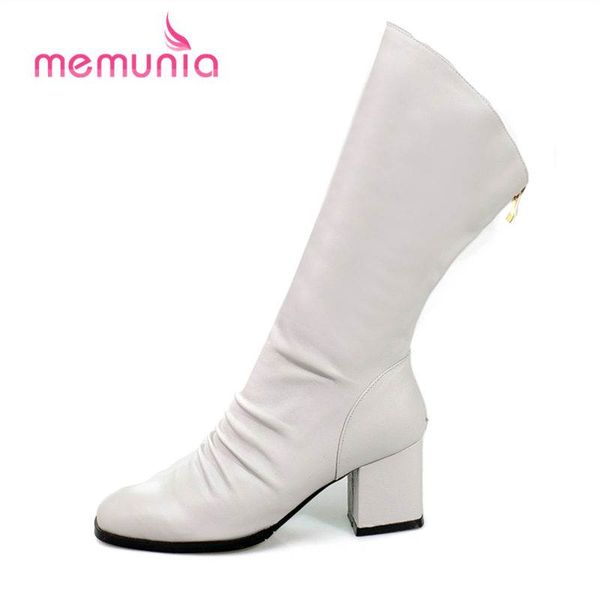 

memunia 2018 fashion sqaure toe mid calf boots for women zipper sheepskin boots pleated thick high heels winter, Black
