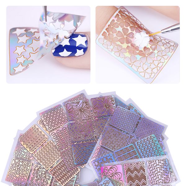 

12 sheets nail vinyls laser hollow stencil stickers nail transfer guide template heart star fish (random pattern, Black