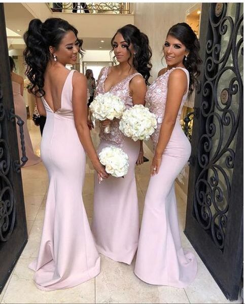 

mermaid backless bridesmaid dresses light pink lace applique long arabic evening formal dresses 2018 mermaid prom dress, White;pink