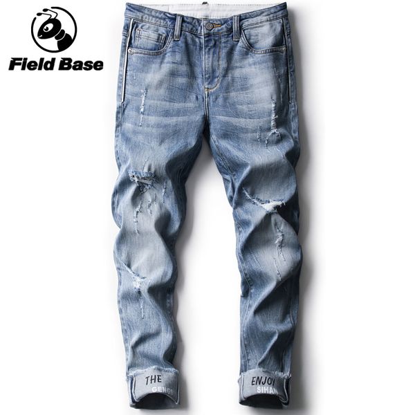 

brand new arrivals jeans men's stretch biker ripped pants blue drawstring slim fit tapered torn distressed boys student joggers