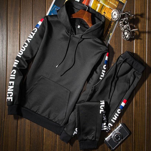 

cw 2018 spring autumn men tracksuit two piece sets pullover hoodies + pants sportwear suit male hoodies plus size -4xl, Gray