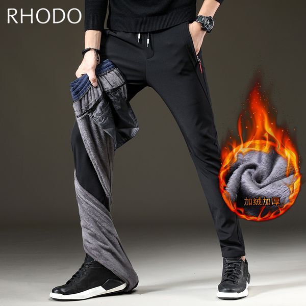 

new men's fashion elastic waist warm thicken fleece stretch casual pants slim fit straight trousers 28-38, Black