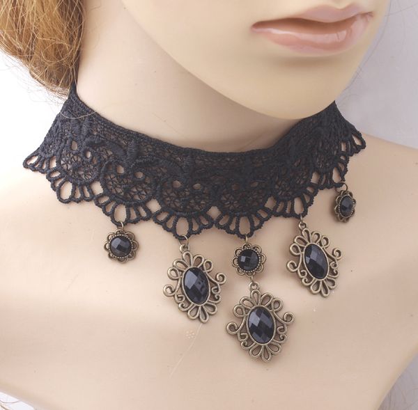 

knock classic black chain bead pendant gothic lace necklace for women party jewelry, Silver