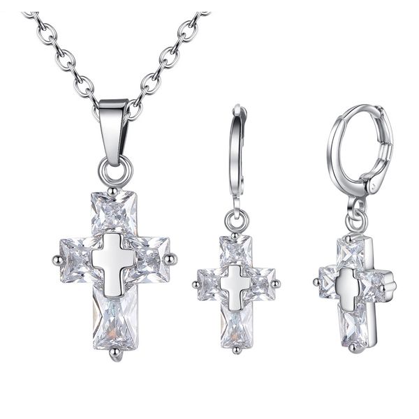 

wholesale silver color & gold color zircon cross necklace earrings fashion jewelry set christmas gift for women drop shipping