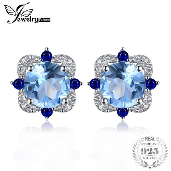 

jewelrypalace fashion stud earrings 2.27ct round natural sky blue z inlay sapphire 925 sterling silver vintage fine jewelry, Golden;silver