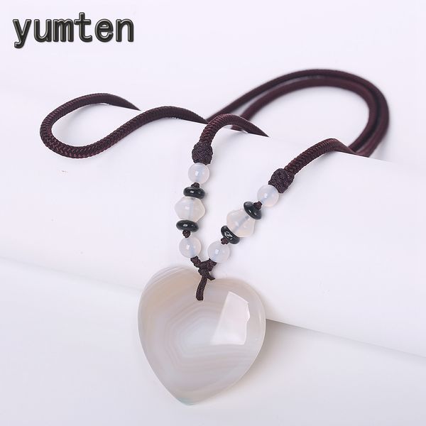 

yumten vintage statement necklace gray agate chain heart pendant jewelry women engagement ornaments rope chain yoga black spacer, Silver