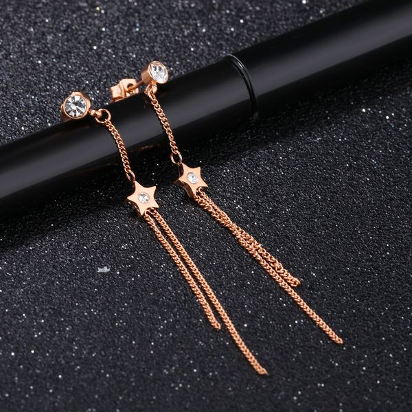 

mini five-pointed star with rhinestone earrings long fringed chain female temperament titanium steel ladies earrings, Golden;silver