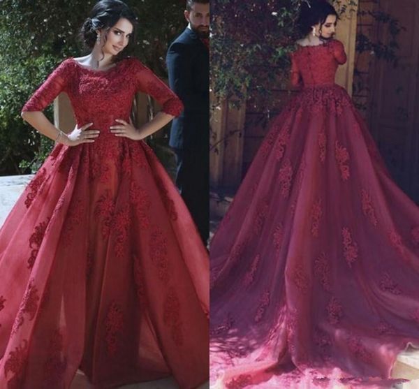 

Stylish Overskirts Evening Gowns with 1/2 Sleeves Scoop Neckline Formal Dresses Party Arabic Detachable Train Lace Prom Dress burgundy