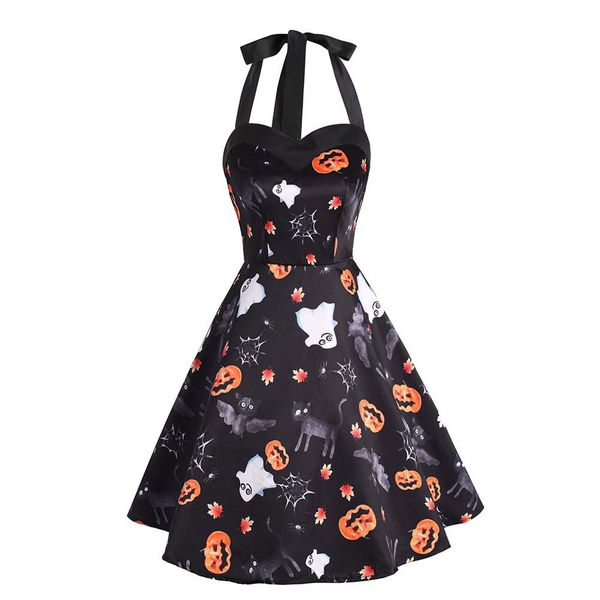 

ishine retro hepburn style halter pumpkin light print flare halloween women dress halter ball gown vestidos female 2018, White;black