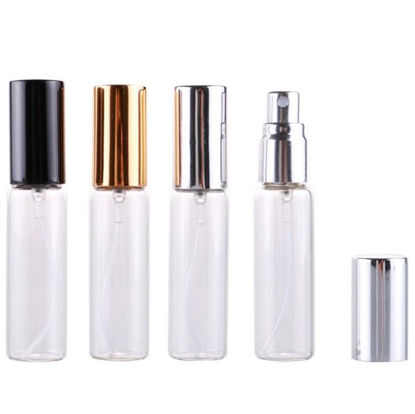 Flacone di profumo spray in vetro alla moda da 10 ml con tappo oro / argento / nero, fiale per imballaggio di campioni cosmetici LX2448