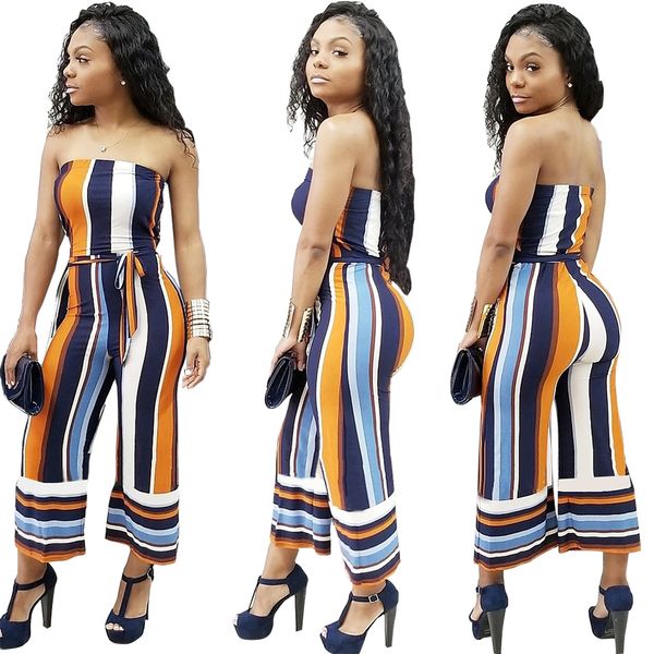 

2018 women strapless off shoulder stripe high waist wide leg long pants jumpsuit j5028, Black;white