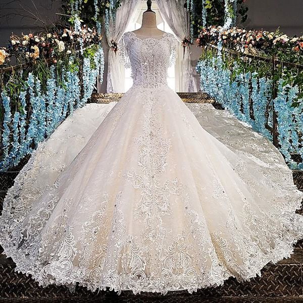 

lace wedding dress cap sleeve luxury long train see through back wedding gown cut-out flowers long train, White